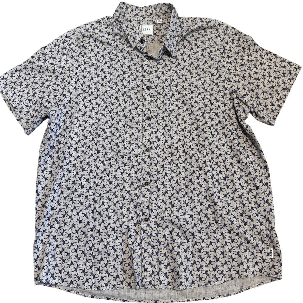 ROWM Men’s XL Short Sleeve Resort Shirt Cream Navy Lizard Print Button-Up